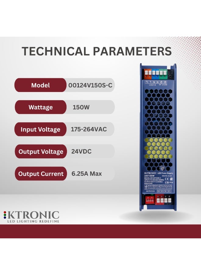 KTRONIC 150W - 24V LED Power Supply – Ultra Slim LED Driver, 175-264V AC to 24V DC 6.25A Converter with 4-Stage Voltage Adjustment, Silent Performance Transformer for LED Strips, 3D Printers. - Image 2